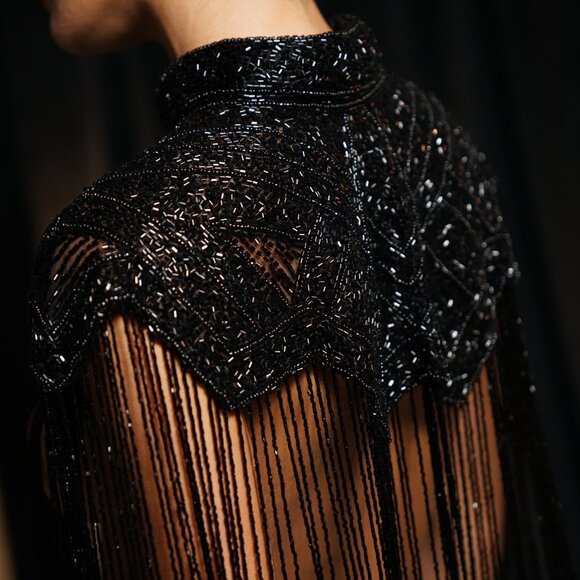 Black Fringe Cape, Beaded Rhinestone Shawl, Luxury Sequin Cape - Picture 9 of 13